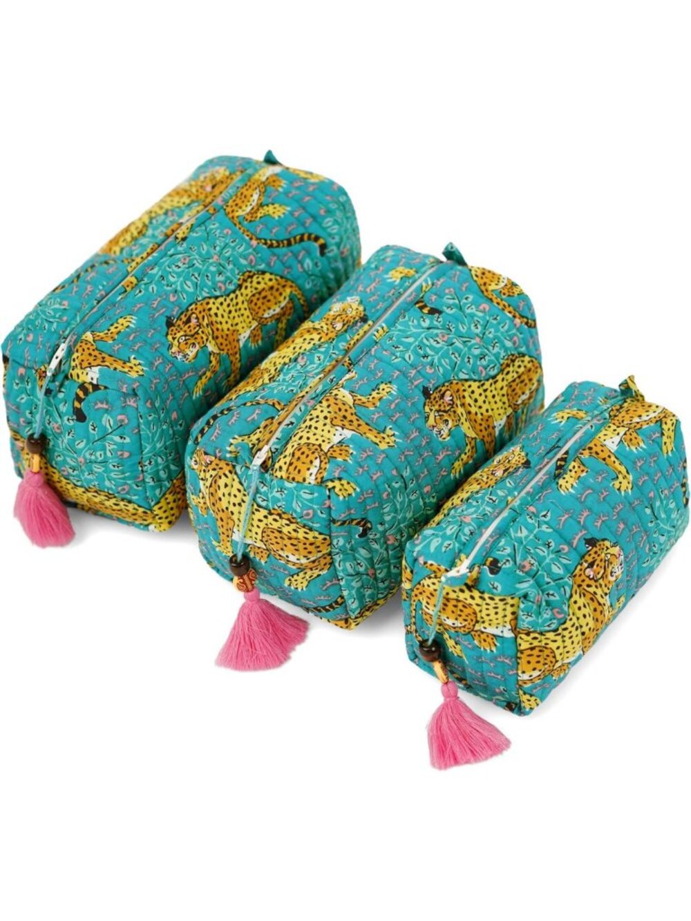 Set of 3 Quilted Makeup Bags - Waterproof Cotton Cosmetic Pouches, Travel